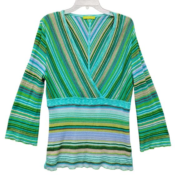 Sigrid Olsen Fine Knit Tunic Top Size Large Long Sleeve Stripes Green Faux Wrap - Picture 4 of 6